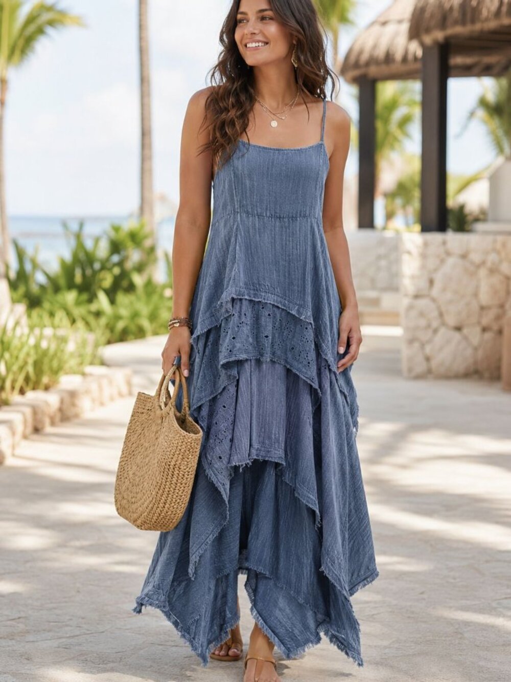 Oli & Hali Mineral Wash Denim Blue Tiered Maxi Dress L Boho Western Festival